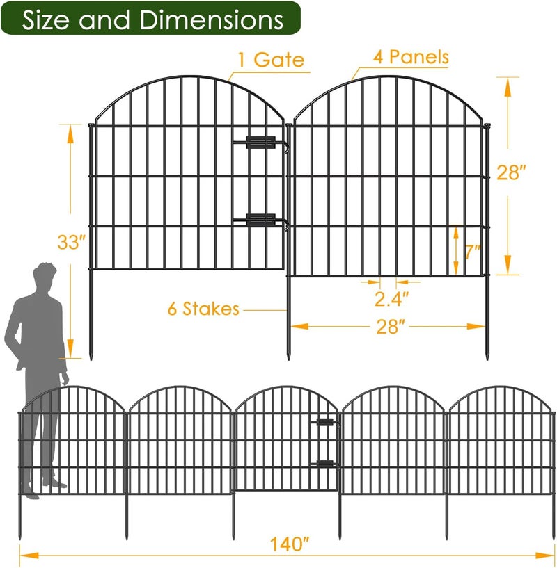 FOREHOGAR Metal Garden Fence with Gate 28in (H) x 11.7ft (L), 1 Gate + 4 Panels Rustproof Border Fence Animal Barrier for Dogs, No Dig Garden Fencing for Yard Backyard Landscape, ECG2827 Black - Image 4